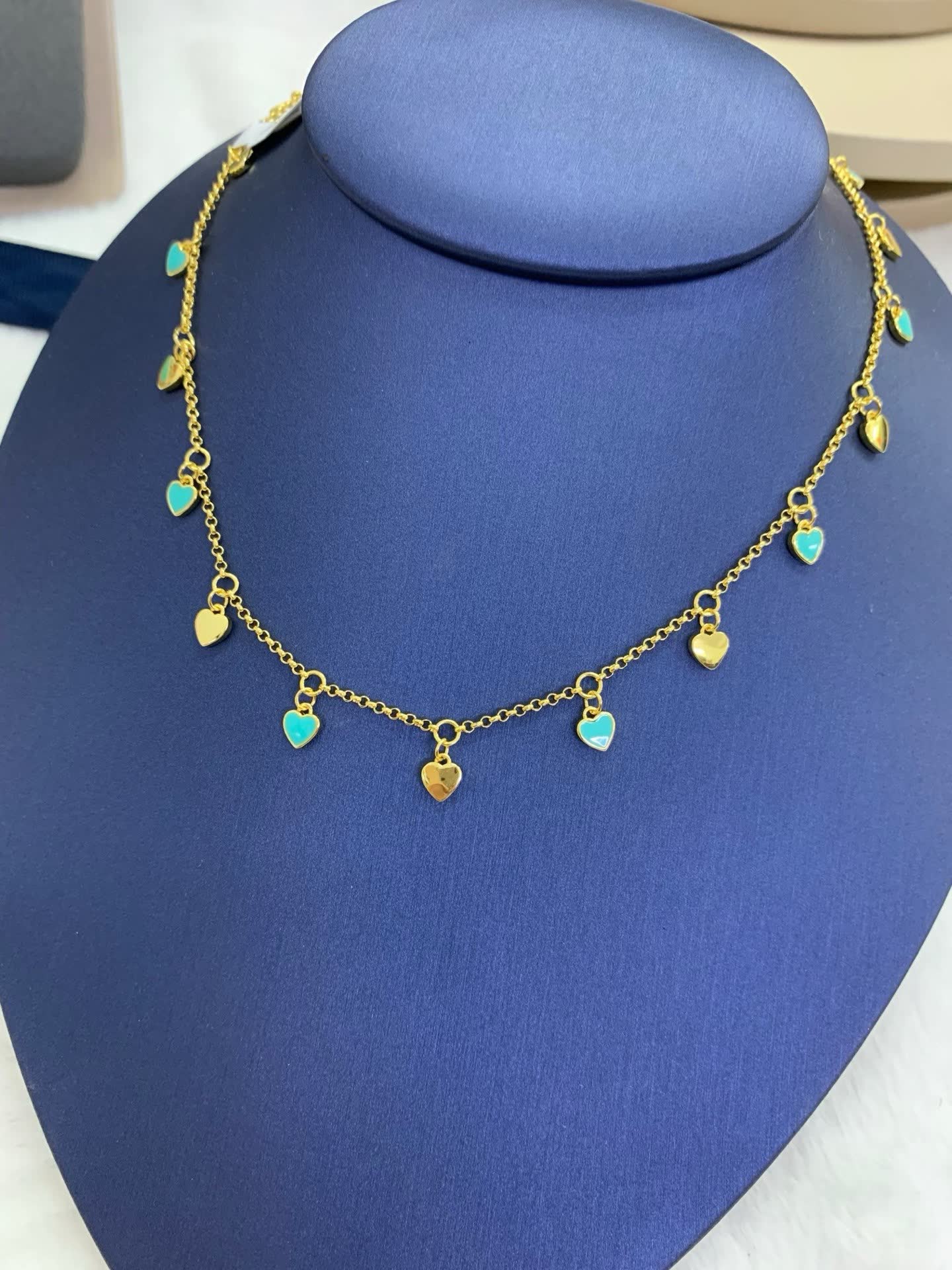 APM Monaco Gold Tone Blue Stone Heart Necklace